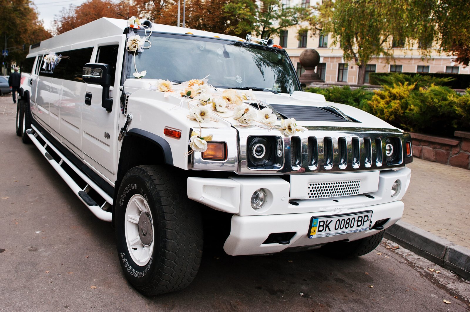 Tarnopol, Ukraine - October 09, 2016: White luxury limousine Hummer H2